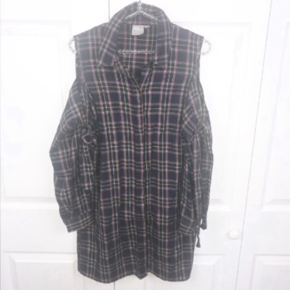 ASOS l Plaid Cold Shoulder Bow Tie Button Down
